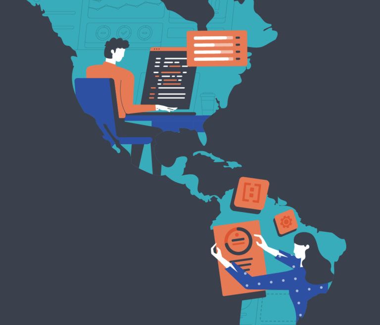Integrated US and Nearshore teams on a map of the Americas.