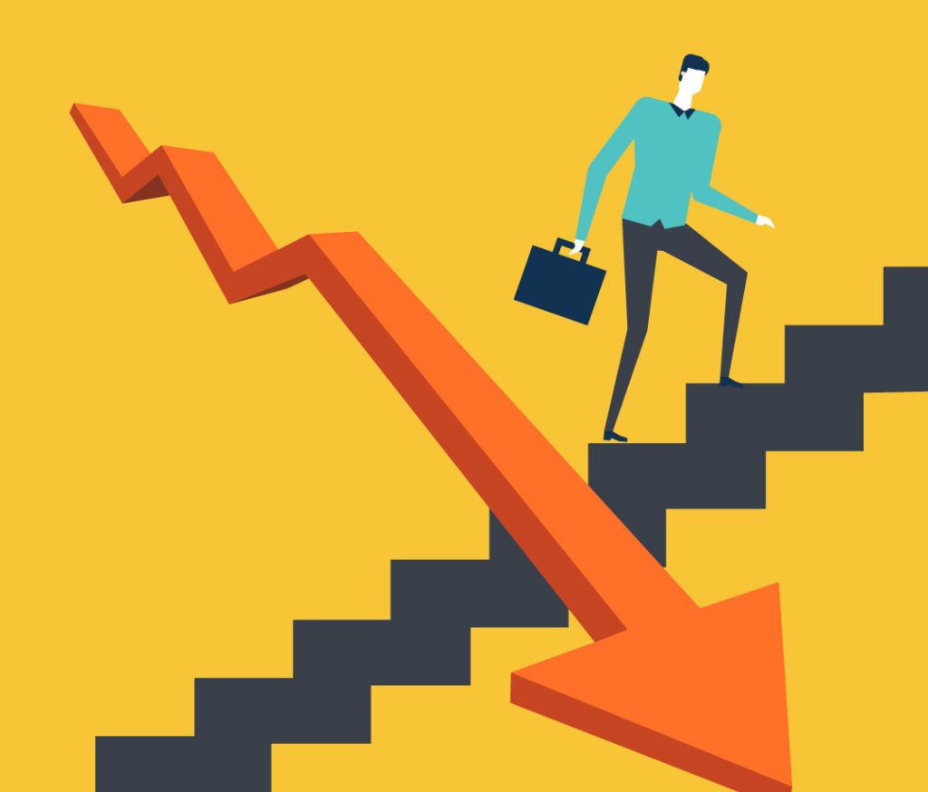 Technology candidate climbing stairs behind declining arrow.