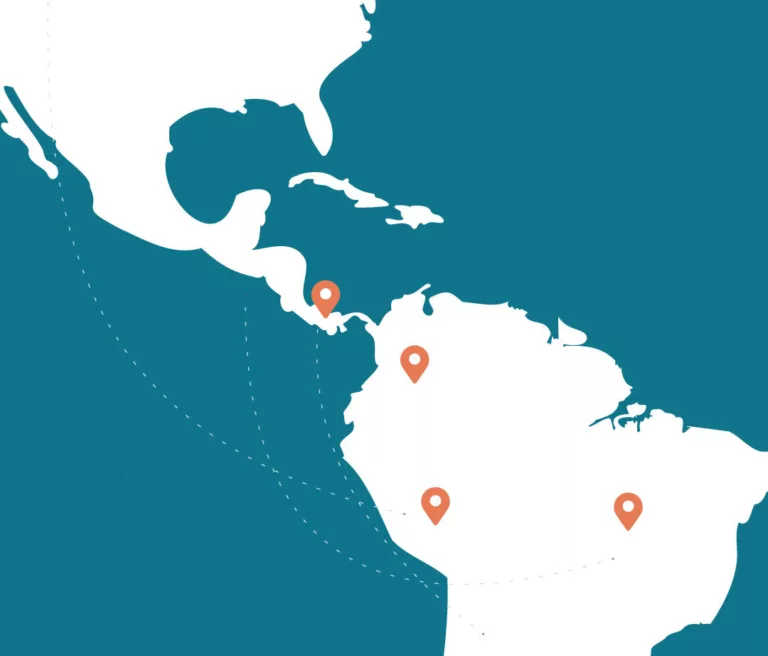 Map of Latin America with location markers, indicating tech hubs.
