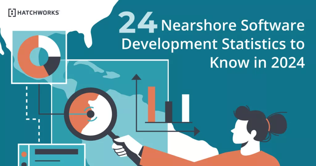 An infographic titled "24 Nearshore Software Development Statistics to Know in 2024" by Hatchworks.