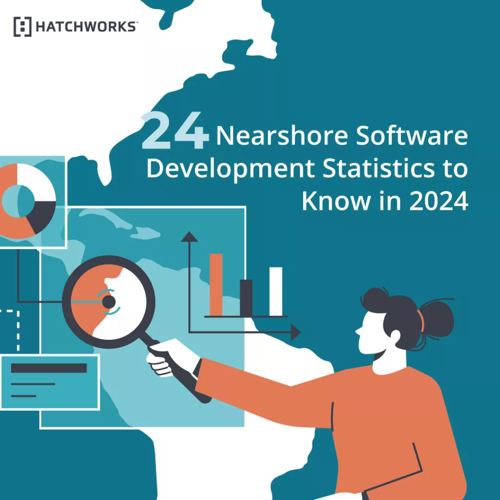 An infographic titled "24 Nearshore Software Development Statistics to Know in 2024" by Hatchworks.