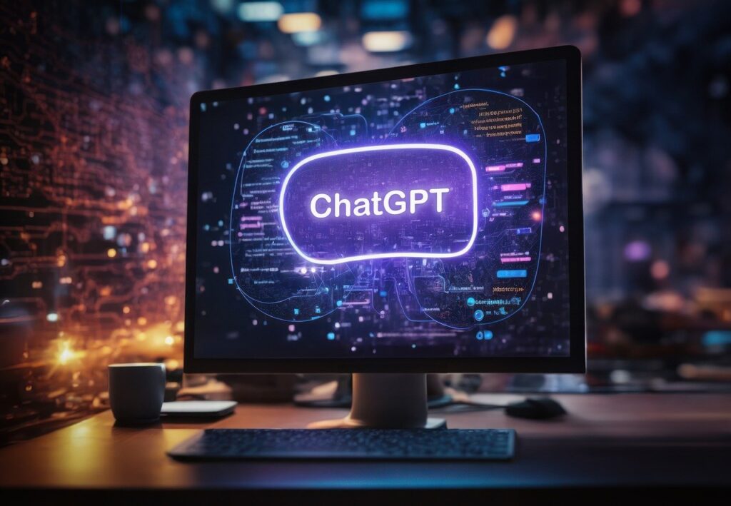 A computer screen displaying "ChatGPT" with a digital, futuristic background, symbolizing AI technology.