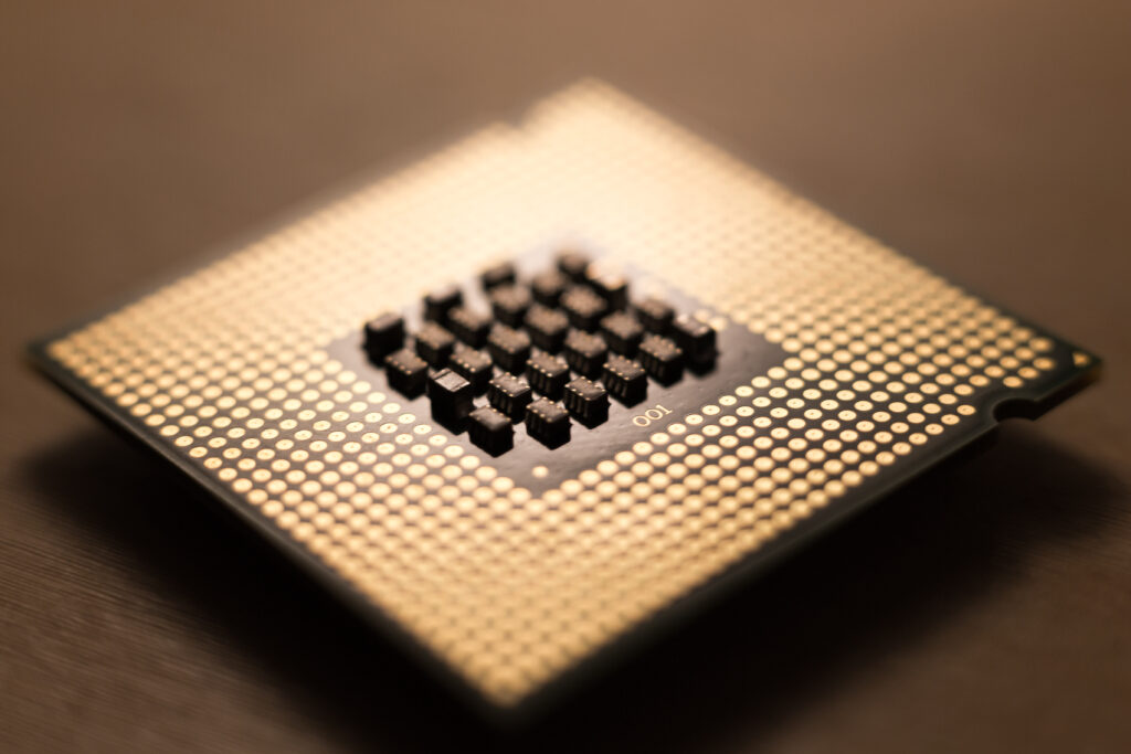A closeup photograph of a microchip processor.