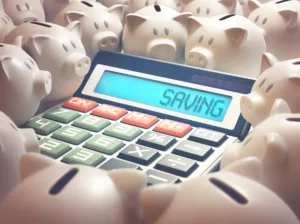 A conceptual image showing piggy banks surrounding a calculator with the display reading "SAVING".