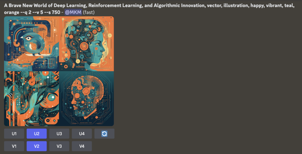 We fed the Midjourney AI model this prompt: "A Brave New World of Deep Learning, Reinforcement Learning, and Algorithmic Innovation, vector, illustration, happy, vibrant, teal, orange."