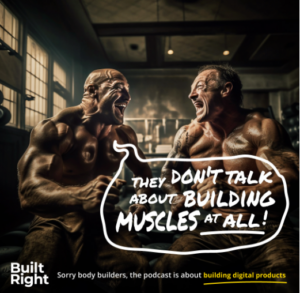 A campaign image for our podcast featuring two muscular men in a gym joking about the podcast's name. The image was generated using Midjourney AI.