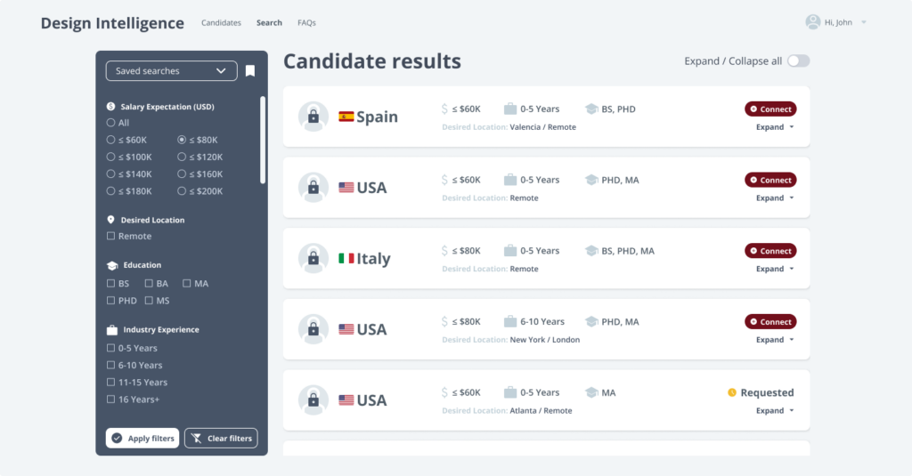 Screenshot of Design Intelligence platform showing 'Saved searches' filters on the left, including salary, location, education, and experience. On the right, candidate profiles are displayed with key details and options to connect or view more.