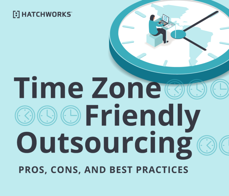 An infographic titled 'Time Zone Friendly Outsourcing' by Hatchworks. It features multiple clock icons, a large circular clock with a man working on a laptop at a desk on top of it, and a globe outline beneath the clock. The bottom text reads 'Pros, Cons, and Best Practices'.