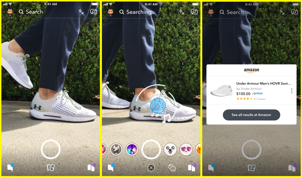 A sequence of three mobile screenshots depicting the process of using an image search feature. The first screenshot shows a close-up of someone's foot wearing a white Under Armour shoe. The second screenshot displays a "Searching..." In the third screenshot, a popup from Amazon displays the shoe as "Under Armour Men's HOVR Sonic" priced at $100.00, along with its rating.