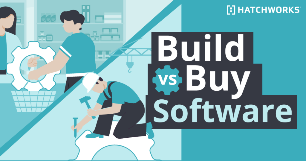 Illustration depicting the concept of 'Build vs Buy Software' with individuals collaborating and constructing, under the Hatchworks banner.