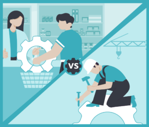 Illustration depicting the concept of 'Build vs Buy Software' with individuals collaborating and constructing.