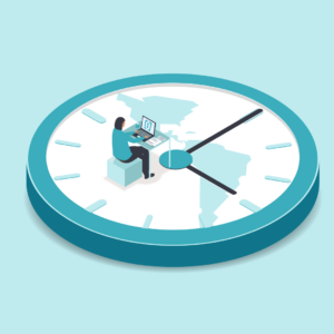 A large clock with a stylized world map as its background. On the clock face, there's a man seated at a desk, working on a laptop. The clock's hour and minute hands are prominently displayed. The entire scene is set against a light blue background.