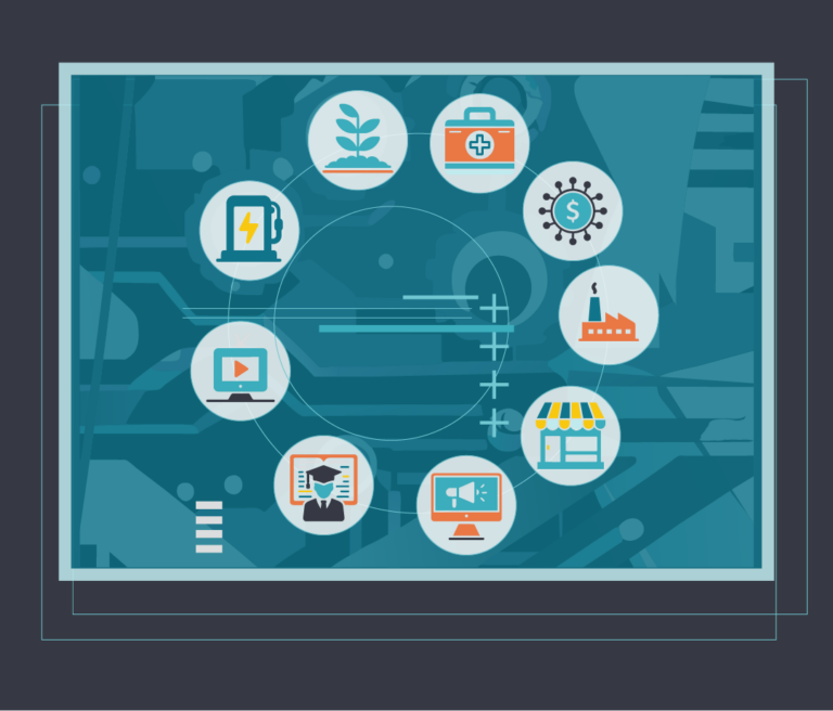 An infographic with icons representing different industries linked by lines on a blue background.