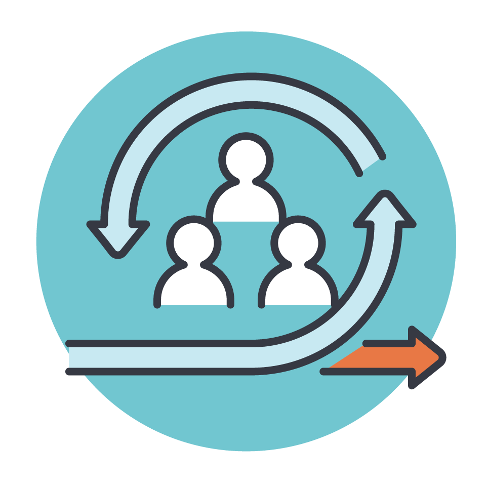 Abstract icon of a team cycle with arrows indicating interaction or workflow.