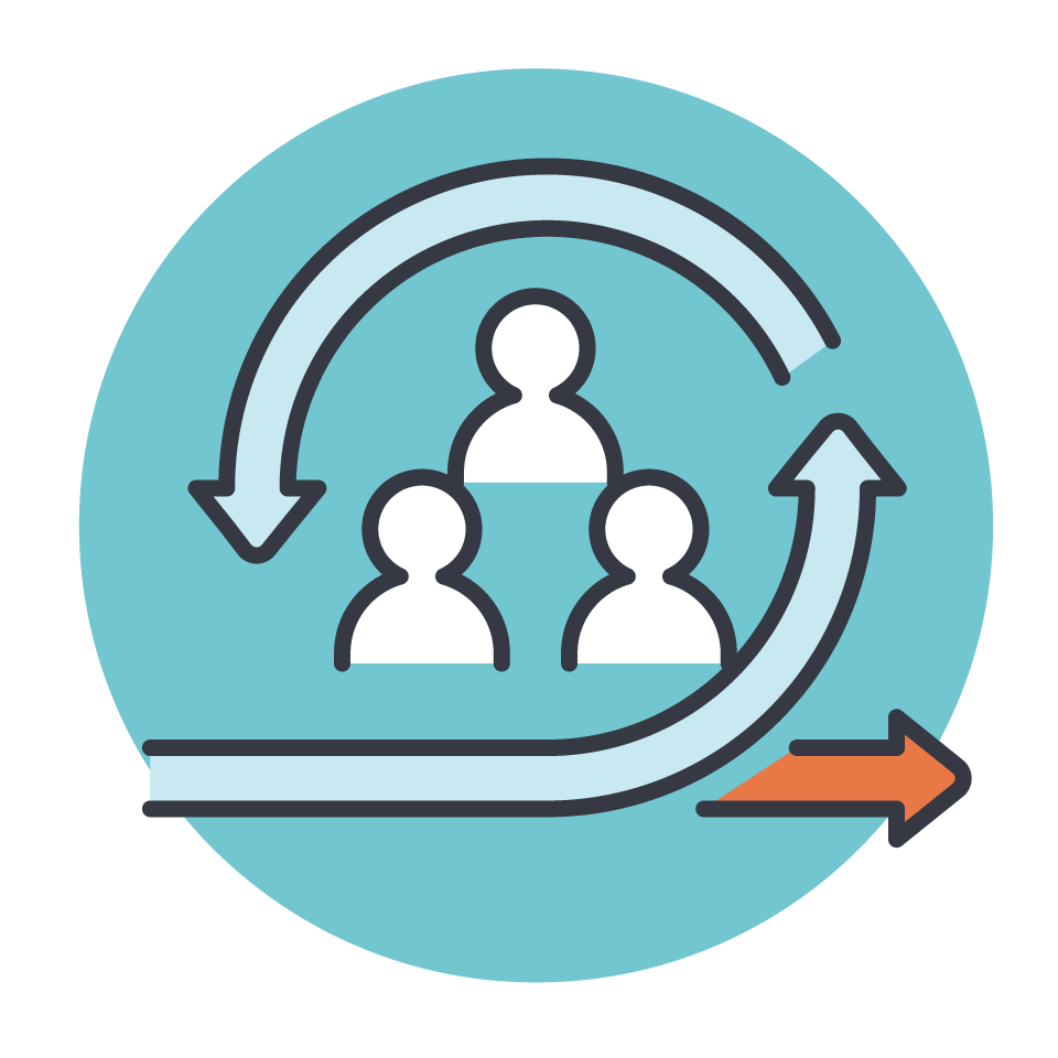 Abstract icon of a team cycle with arrows indicating interaction or workflow.