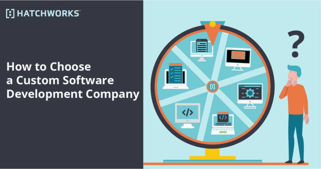 An infographic with the title "How to Choose a Custom Software Development Company" featuring a man contemplating a wheel with various computer icons and a question mark above his head.