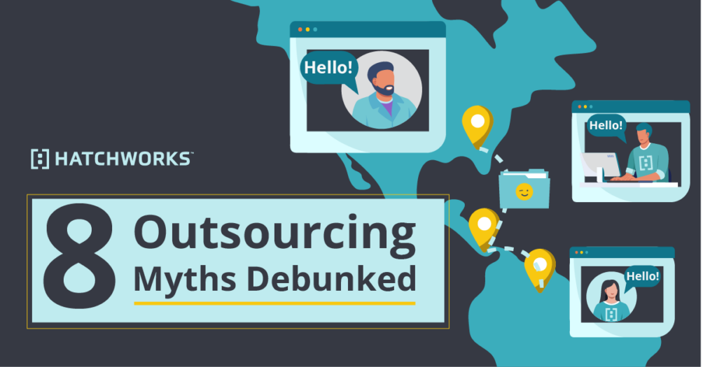 Infographic titled "8 Outsourcing Myths Debunked" by Hatchworks with icons representing global communication.