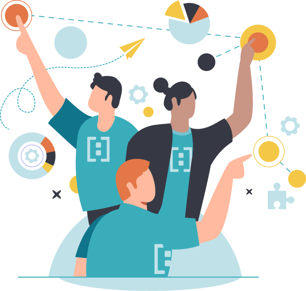 Illustration of a diverse team engaging with abstract strategy and data elements.