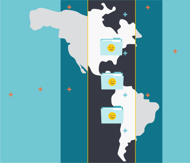 A stylized map of Central and South America with smiley face icons on blue briefcases scattered across different countries, and a background split into blue and black with plus signs.