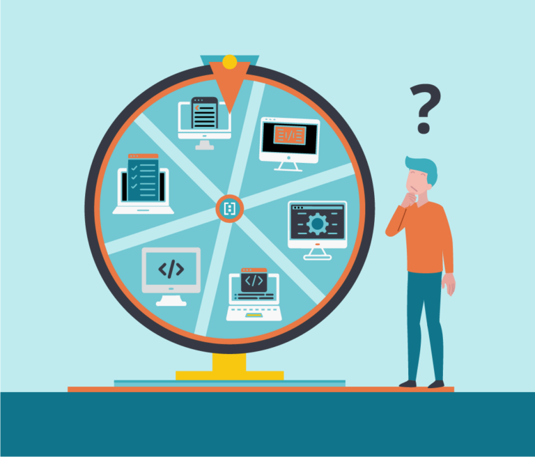 A man ponders choices on a decision wheel with computer and coding icons.