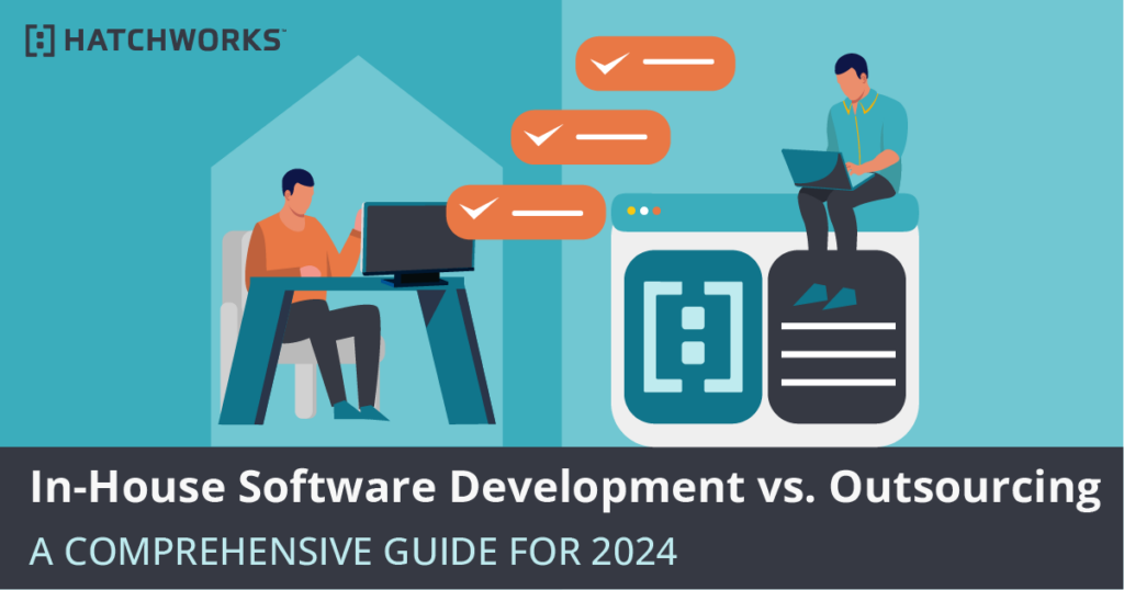 An infographic on "In-House Software Development vs. Outsourcing" with icons and a checklist, offering a guide for 2024.