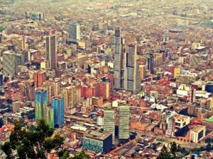Aerial view of downtown Bogotá, Colombia, with high-rise buildings