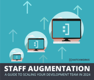Graphic titled "Staff Augmentation - A Guide to Scaling Your Development Team in 2024" with upward arrows and computer images.