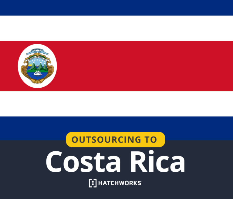 Promotional graphic with Costa Rica flag and text "Outsourcing to Costa Rica" by Hatchworks.