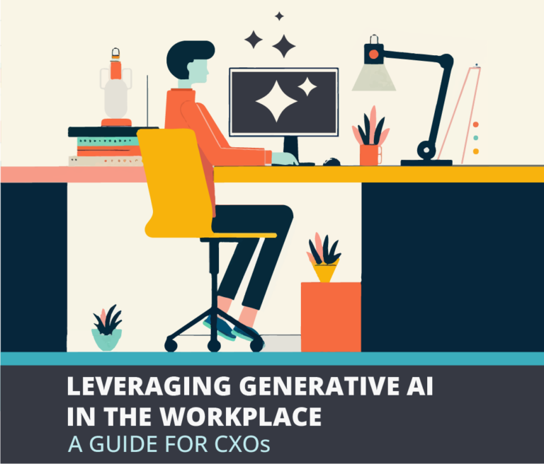 Illustration of a person at a desk with a computer, titled "Leveraging Generative AI in the Workplace."