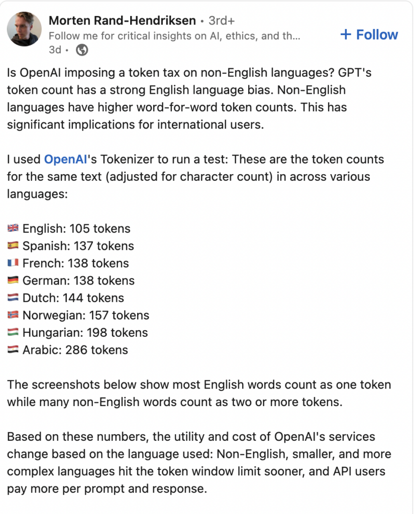 A screenshot of a social media post discussing OpenAI's token count bias in different languages.