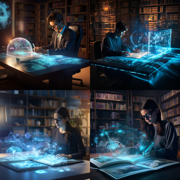 Four images of people using futuristic technology at desks.