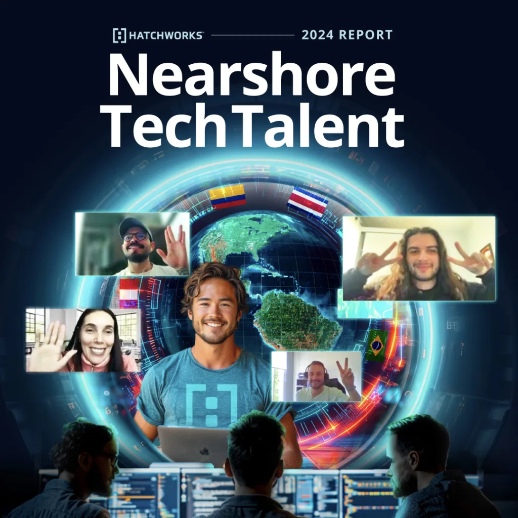 Report cover showing a digital globe and diverse people video calling, titled "Nearshore TechTalent 2024".
