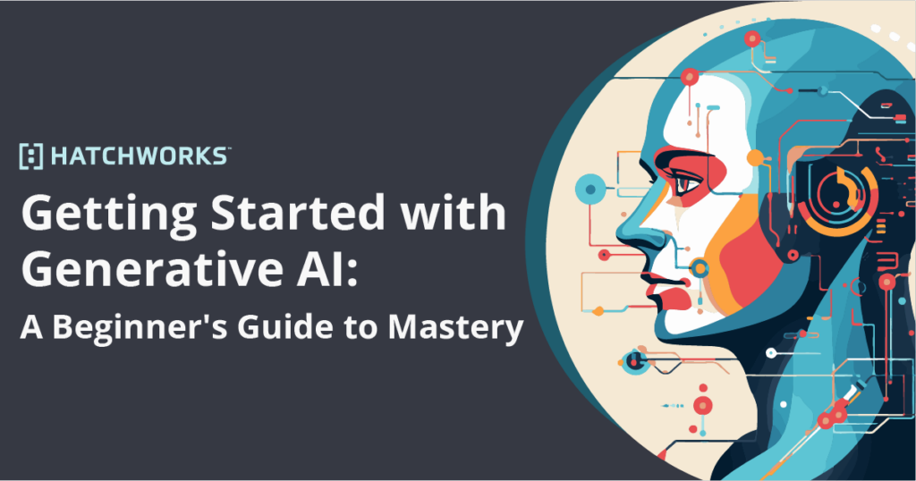 Graphic of a stylized robotic head representing AI with text "Generative AI guide."