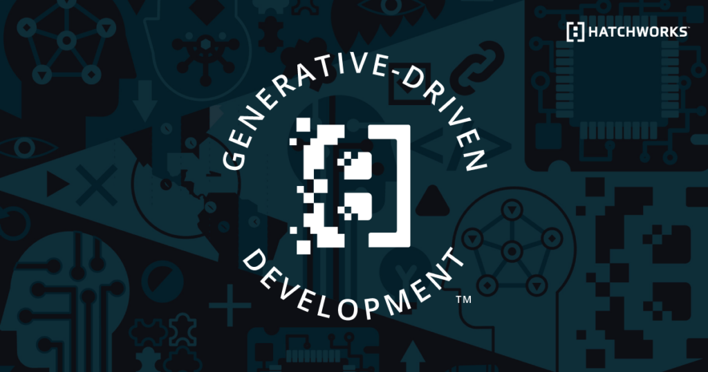 A tech-themed graphic with the "HATCHWORKS" logo and the slogan "GENERATIVE-DRIVEN DEVELOPMENT" in white on a dark blue, icon-filled background.