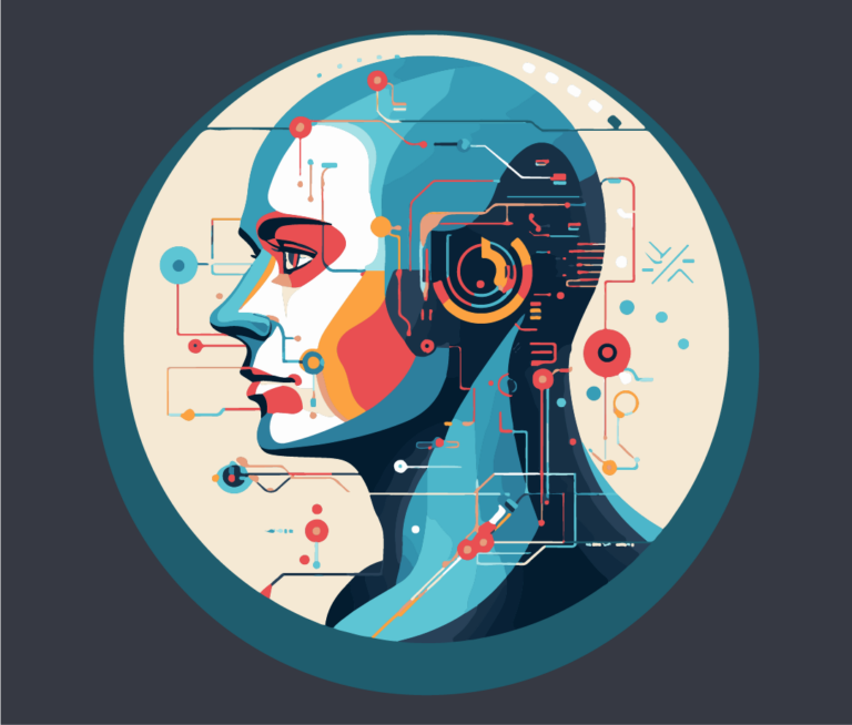 Illustration of a human profile merged with digital elements, symbolizing AI.