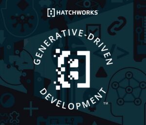 A tech-themed graphic with the "HATCHWORKS" logo and the slogan "GENERATIVE-DRIVEN DEVELOPMENT" in white on a dark blue, icon-filled background.