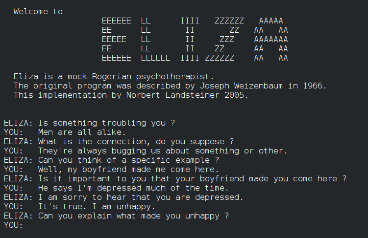 Screenshot of an ELIZA chatbot conversation, a text-based therapy simulation.