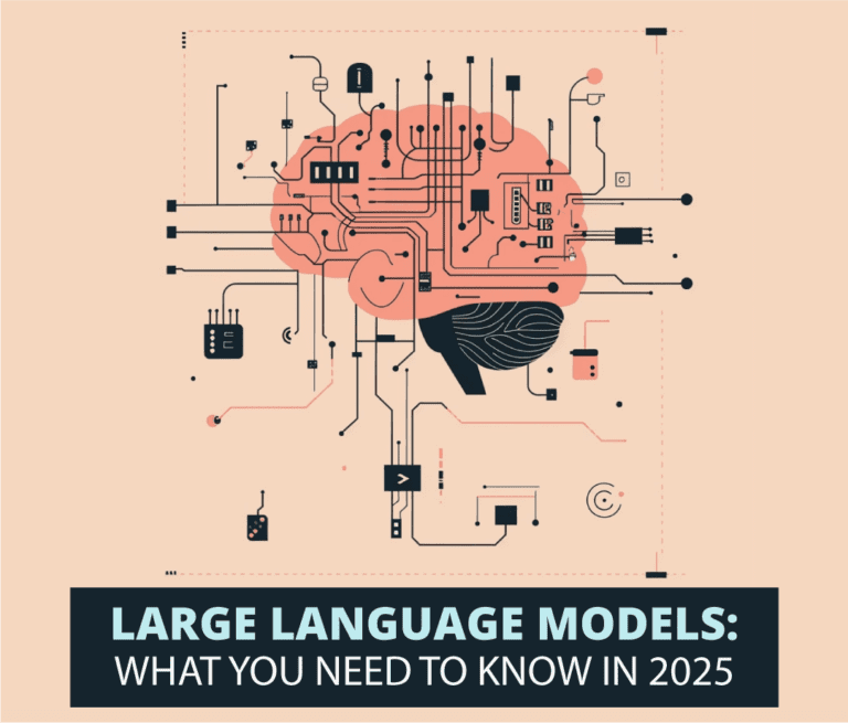 Digital brain connected to various tech elements, featuring text: "Large Language Models: What You Need to Know in 2025."