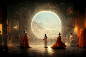 Fantasy scene with people in period costumes inside a grand, circular room with a large window.
