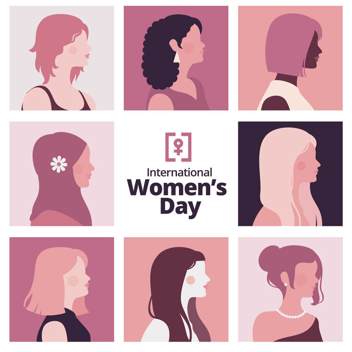 Graphic collage of diverse women's profiles celebrating International Women's Day.