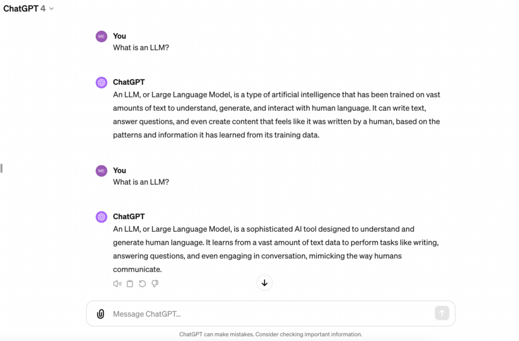 Screenshot of a ChatGPT conversation defining an LLM or Large Language Model