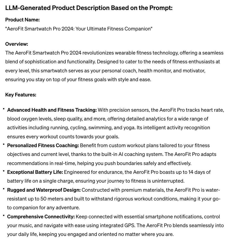 Text excerpt describing the "AeroFit Smartwatch Pro 2024" with its features for fitness tracking and connectivity.