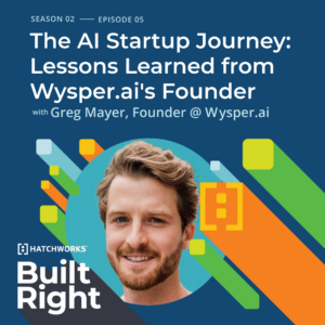 Podcast cover for "Built Right" featuring guest Gregory Mayer, titled "The AI Startup Journey: Lessons Learned."