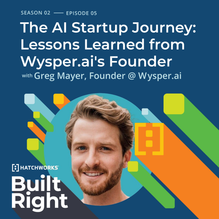 Podcast cover for "Built Right" featuring guest Gregory Mayer, titled "The AI Startup Journey: Lessons Learned."
