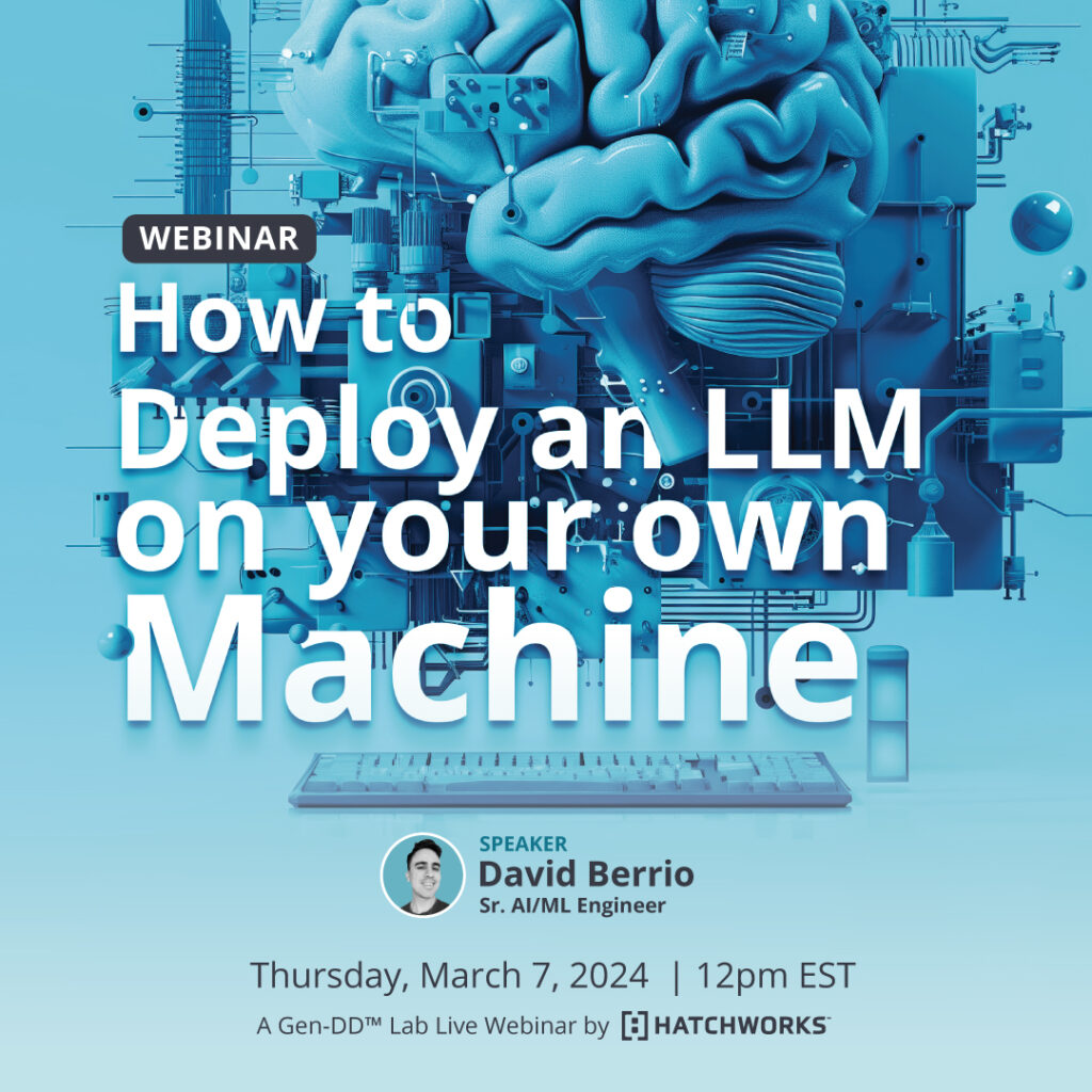Webinar poster on deploying an LLM on your own machine, featuring a stylized brain and circuitry.