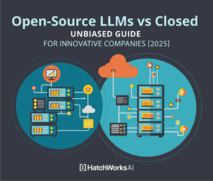 Illustration comparing open-source and closed LLMs with server diagrams, cloud icons, and text: "Unbiased Guide for Innovative Companies [2025]."