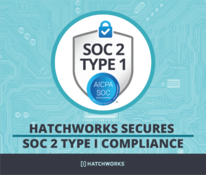Graphic announcing Hatchworks has secured SOC 2 Type 1 compliance, featuring a circuit board background.