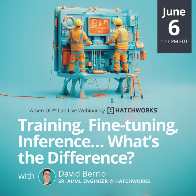 Webinar banner: "Training, Fine-tuning, Inference... What's the Difference?" with David Berrio, Sr. AI/ML Engineer at Hatchworks.