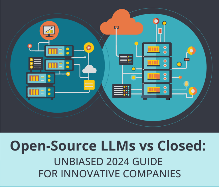 Infographic comparing open-source and closed LLMs by Hatchworks, 2024 guide for innovative companies.