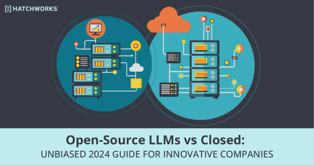 Infographic comparing open-source and closed LLMs by Hatchworks, 2024 guide for innovative companies.